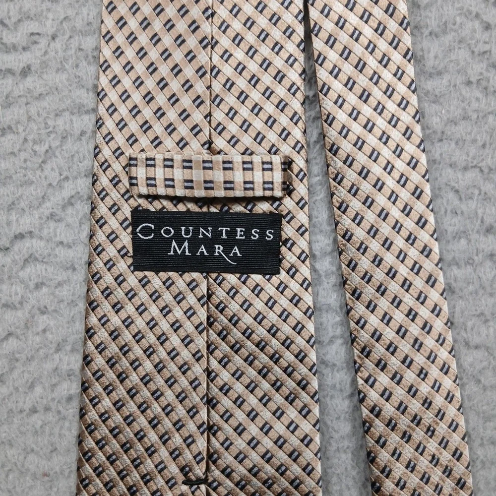 Countess Mara Silk Tie Beige Navy Geometric Check Classic Dress‎